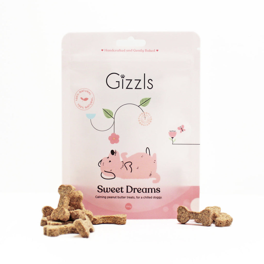 Gizzls Sweet Dreams pink 100g pouch with peanut butter bone biscuits