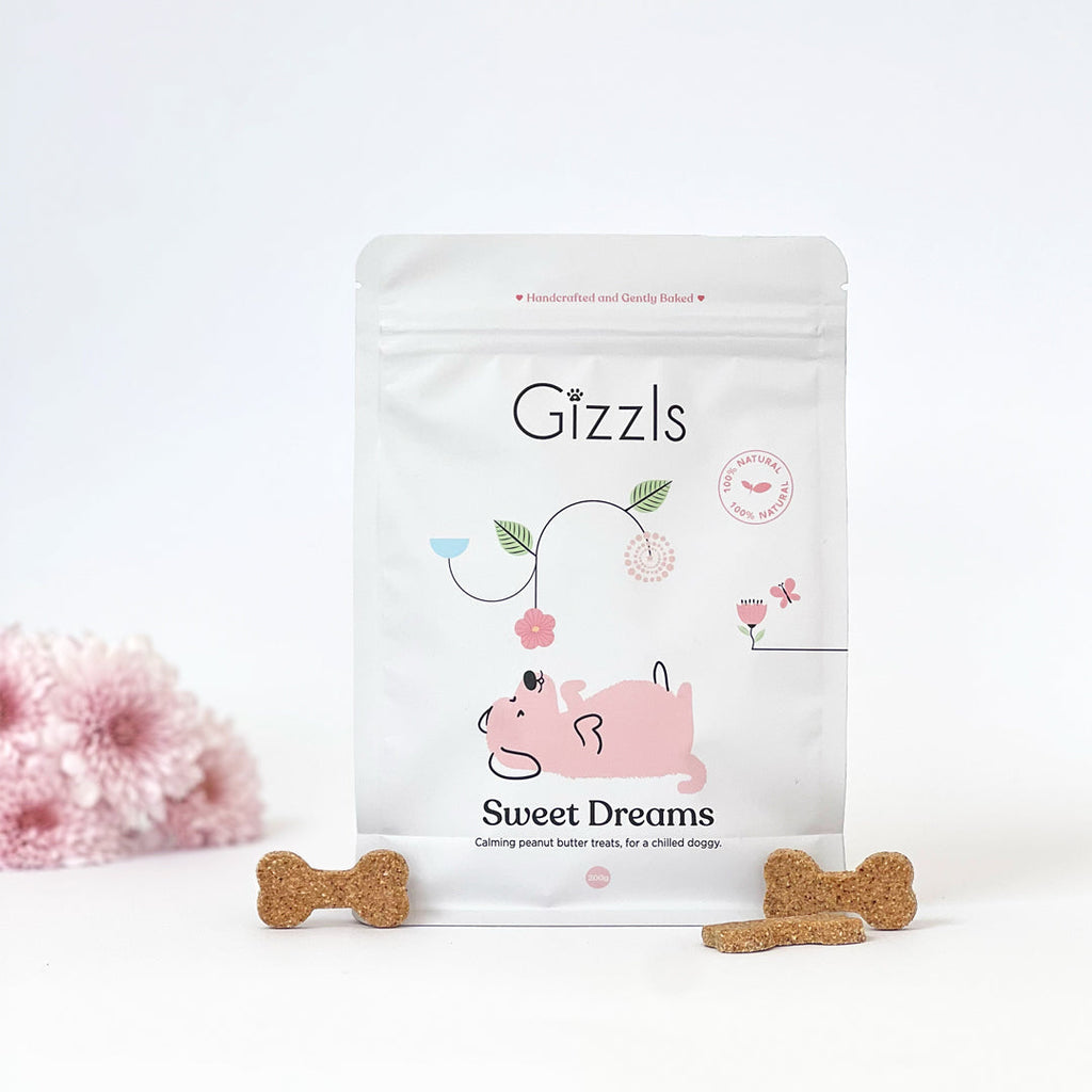 Sweet Dreams Big Dog Treats 200g pouch with peanut butter bone biscuits and pink flowers