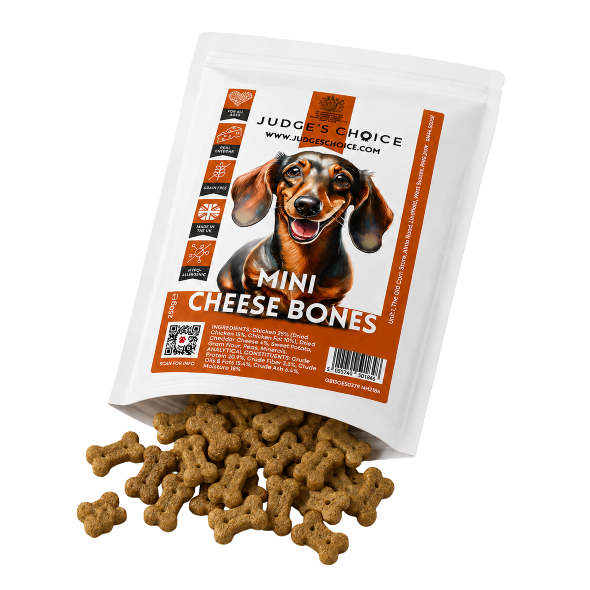 Open Judge's Choice Mini Cheese Bones pouch with small bone-shaped dog biscuits spilling out