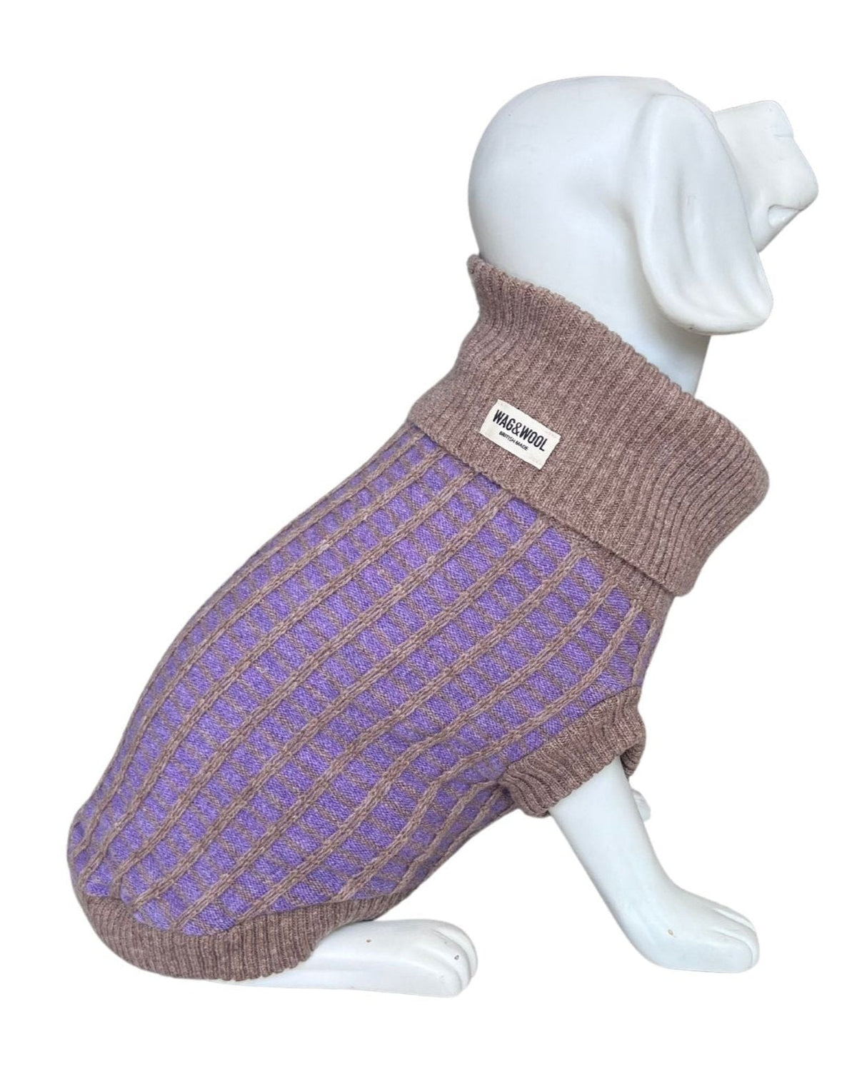 Purple and taupe ribbed merino dog jumper on a white mannequin