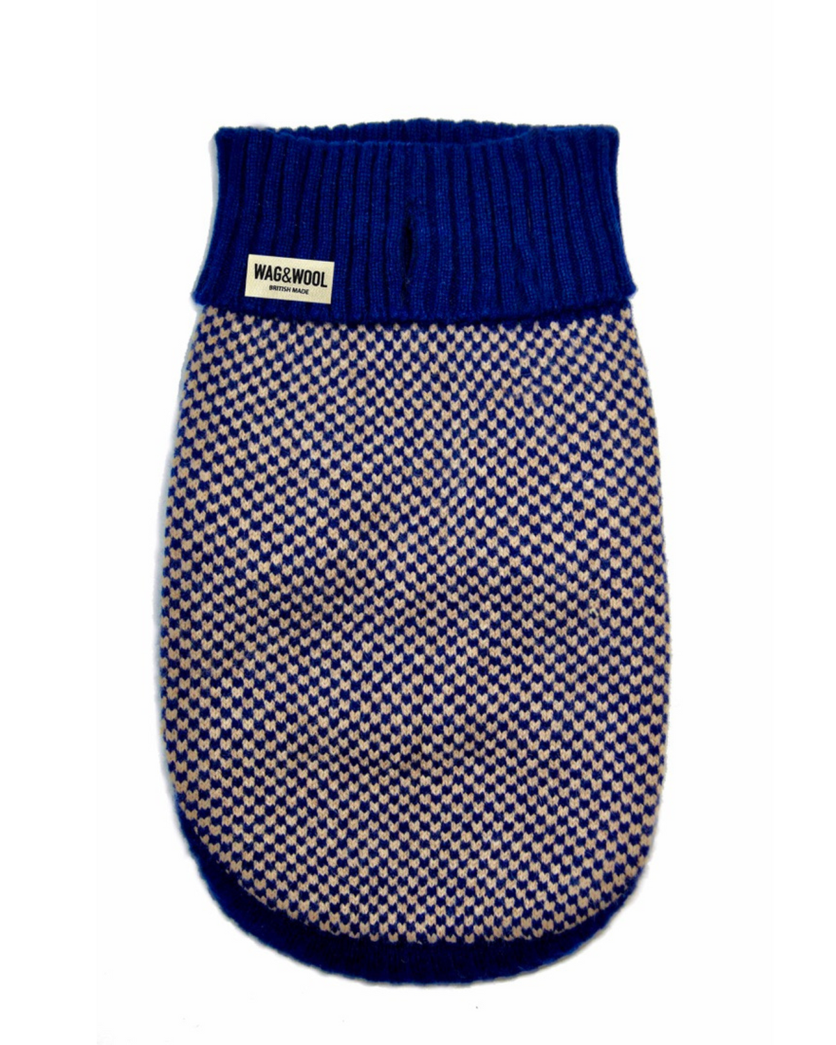 Navy check merino dog jumper laid flat on white