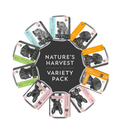 Ten Nature's Harvest wet dog food trays arranged in a circle around the Variety Pack logo