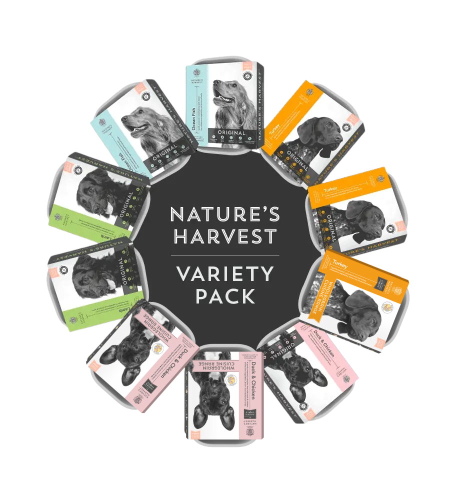 Ten Nature's Harvest wet dog food trays arranged in a circle around the Variety Pack logo