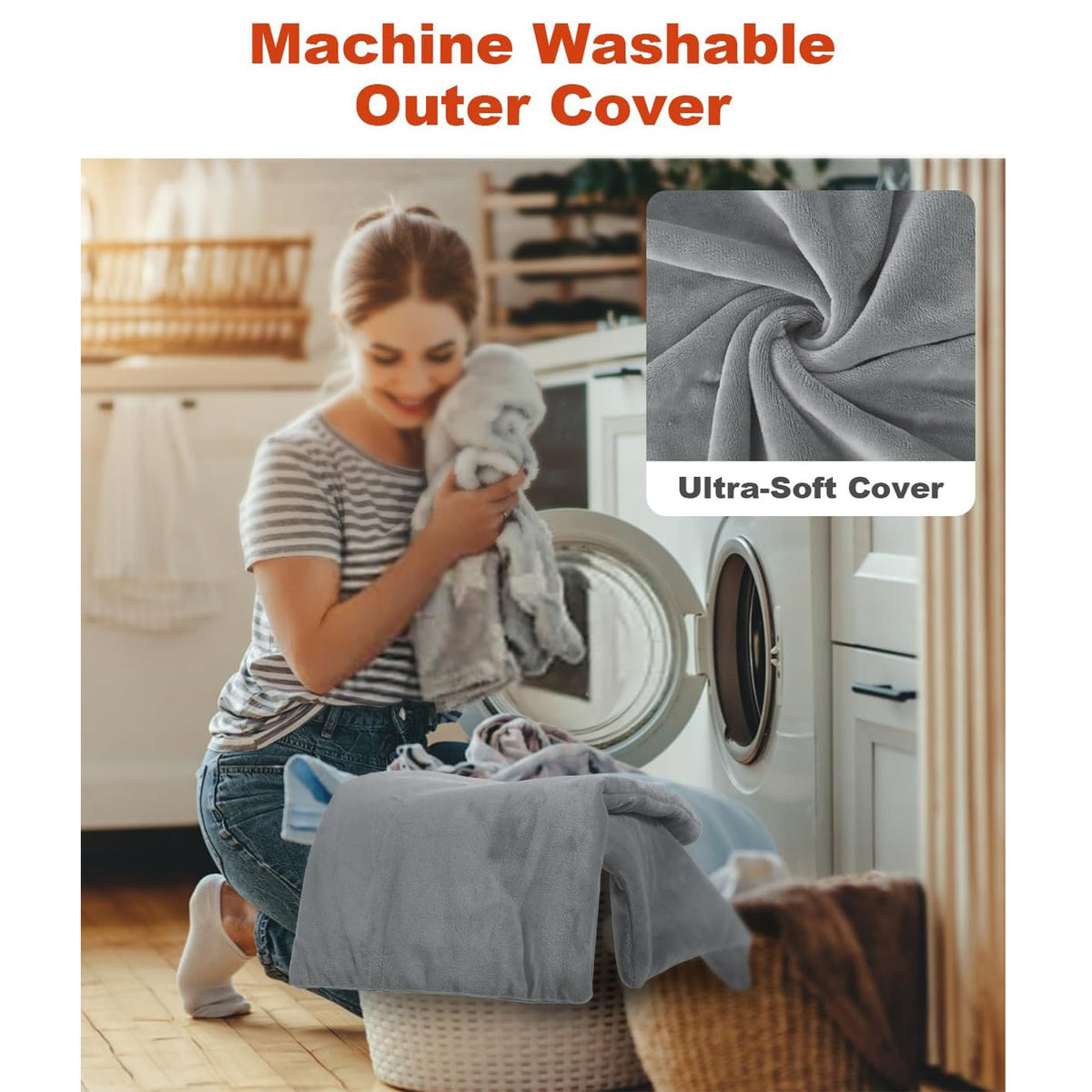 Woman taking the soft grey pad cover out of a washing machine
