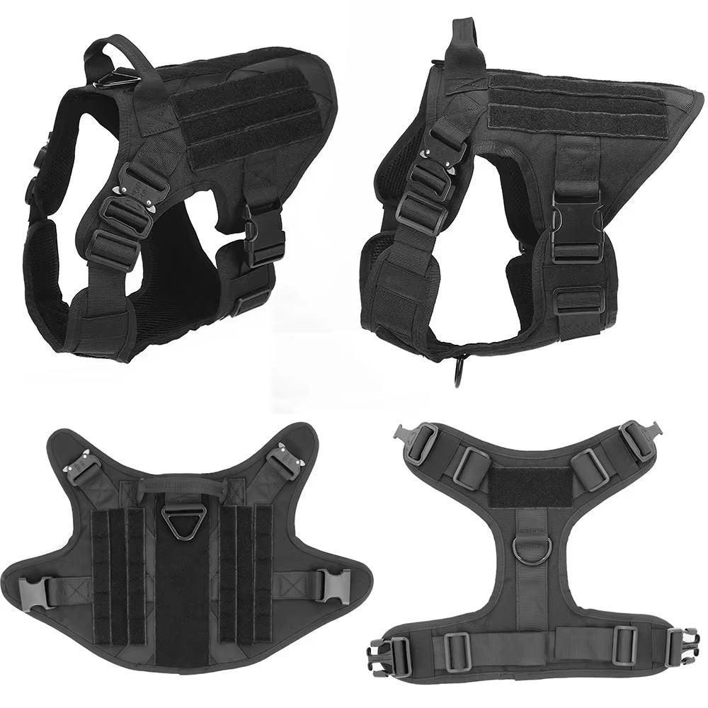 Black tactical dog harness shown from the front, side, top and underneath