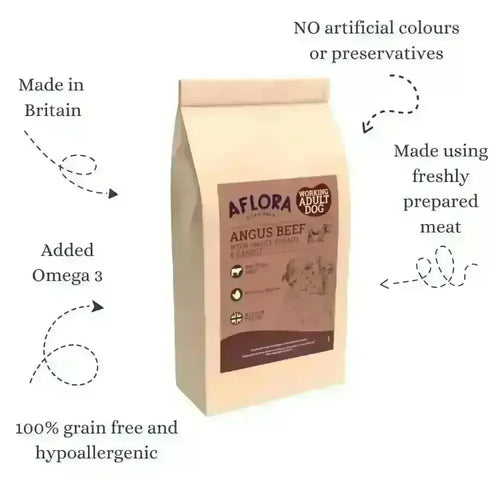Aflora Angus Beef dog food bag with notes: made in Britain, added omega 3, grain free