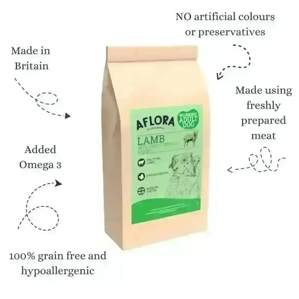 Aflora Lamb dog food bag with notes: made in Britain, added omega 3, grain free