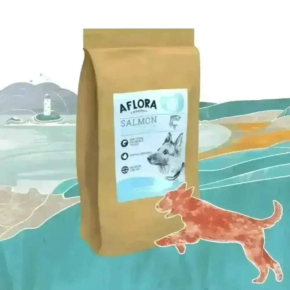 Aflora Large Breed Salmon grain-free dog food bag with an illustrated dog running by the sea
