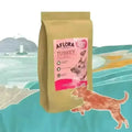 Aflora Large Breed Turkey grain-free dog food bag with an illustrated dog running by the sea