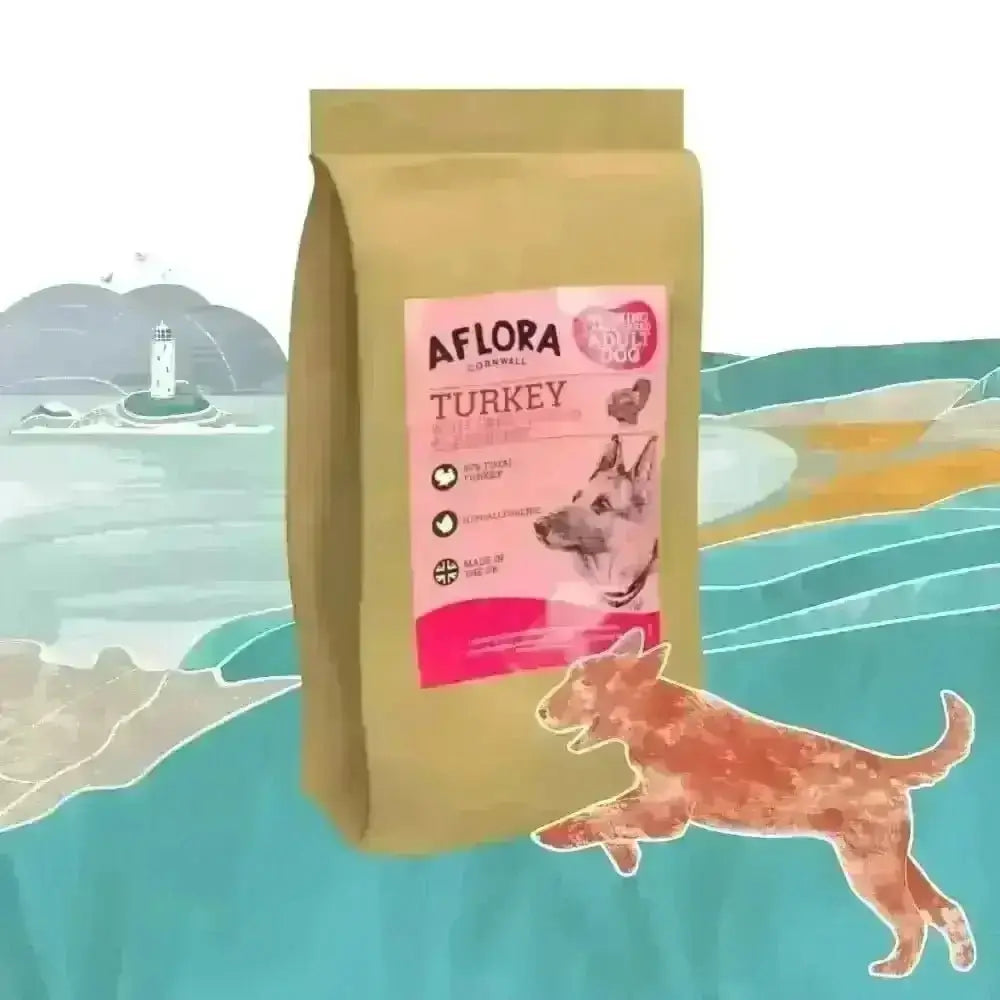 Aflora Large Breed Turkey grain-free dog food bag with an illustrated dog running by the sea