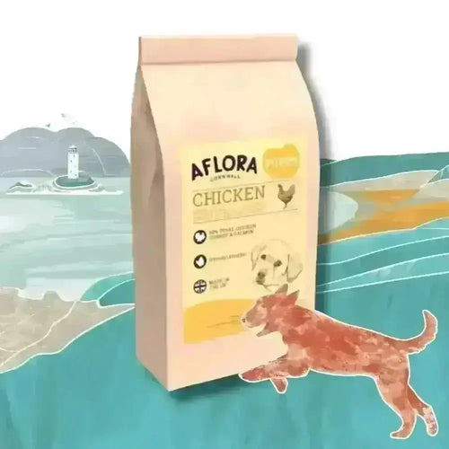 Aflora chicken puppy food bag with an illustrated puppy and coastline
