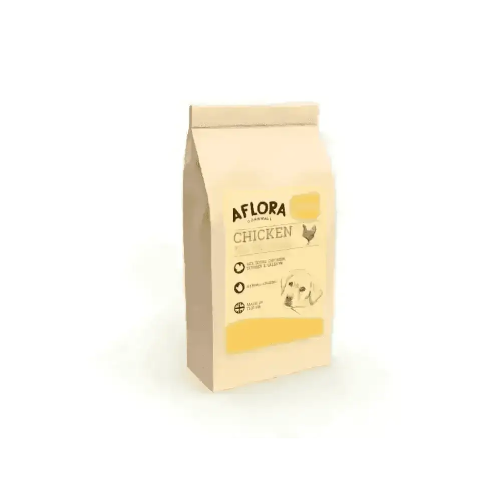Bag of Aflora chicken puppy dry food on white