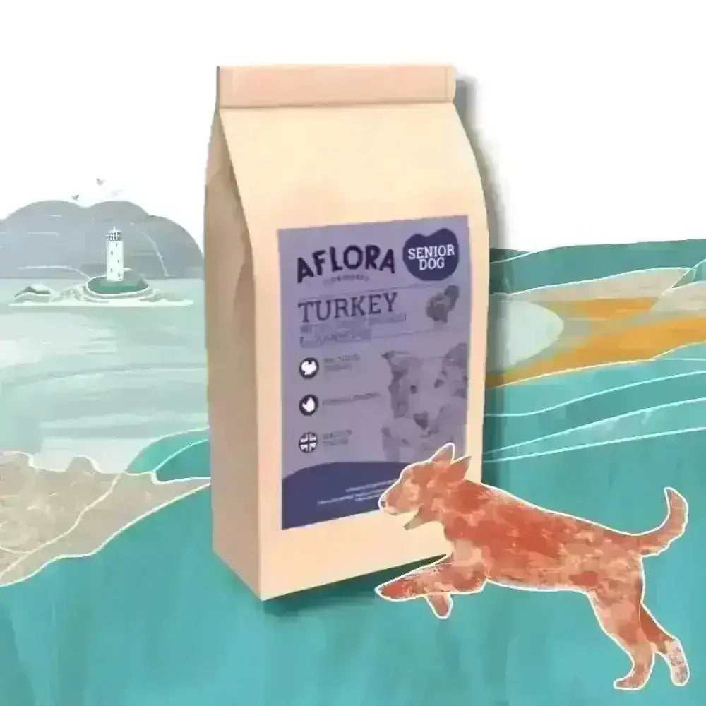 Aflora senior turkey dog food bag with an illustrated dog and coastline