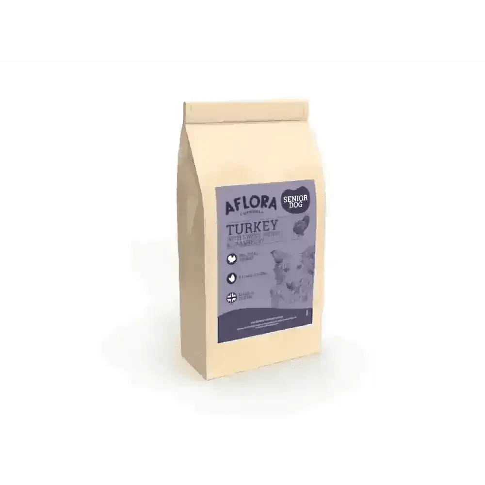 Bag of Aflora senior turkey dry dog food on white