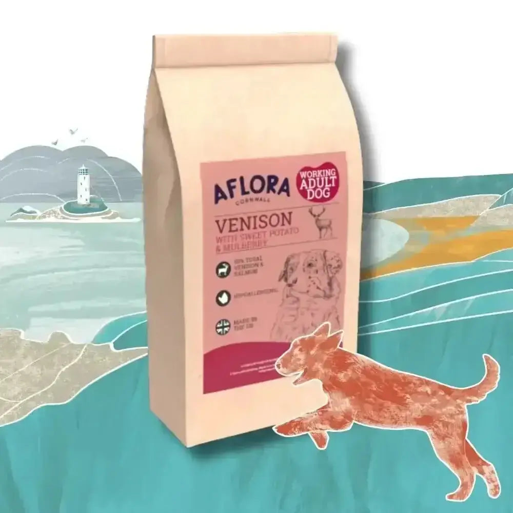 Aflora Venison grain-free adult dog food bag with an illustrated dog running by the sea