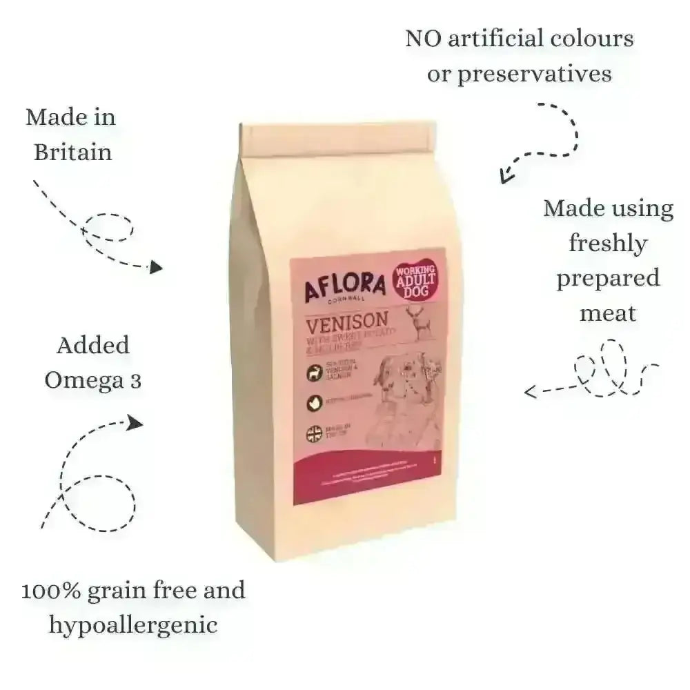 Aflora Venison dog food bag with notes: made in Britain, added omega 3, grain free