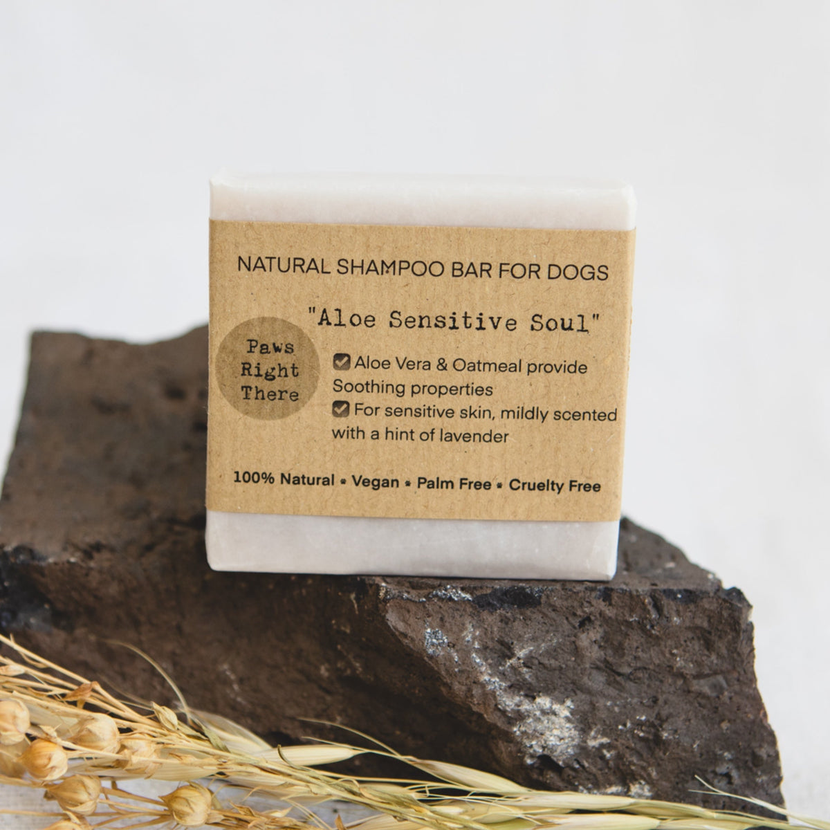Oatmeal and aloe dog shampoo bar standing on a dark rock with dried grasses