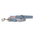 Eden's Orchard dog lead with red apples on blue stripes, grey padded handle and silver clip