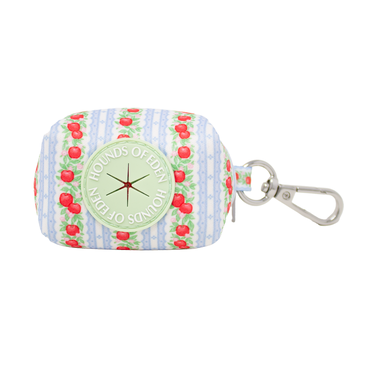 Eden's Orchard poop bag holder with red apples on blue stripes and silver clip