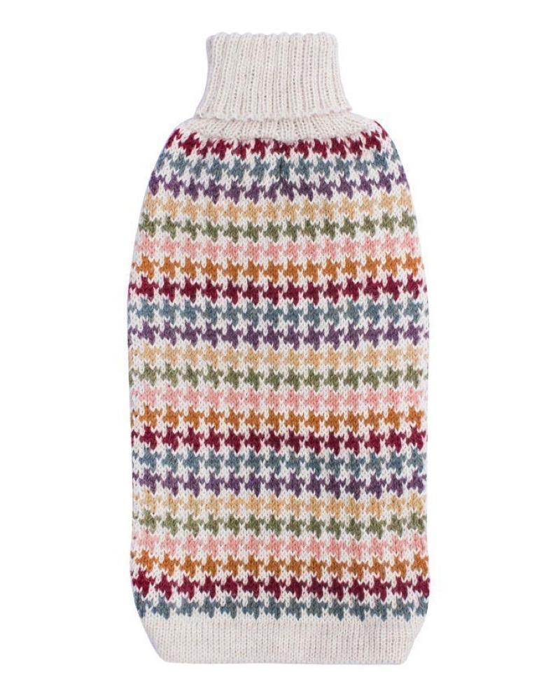 Cream roll-neck dog jumper with rainbow houndstooth pattern, laid flat