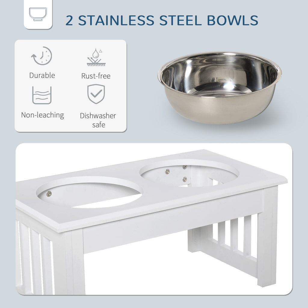 Removable stainless steel bowl and the white feeder top with two bowl cut-outs