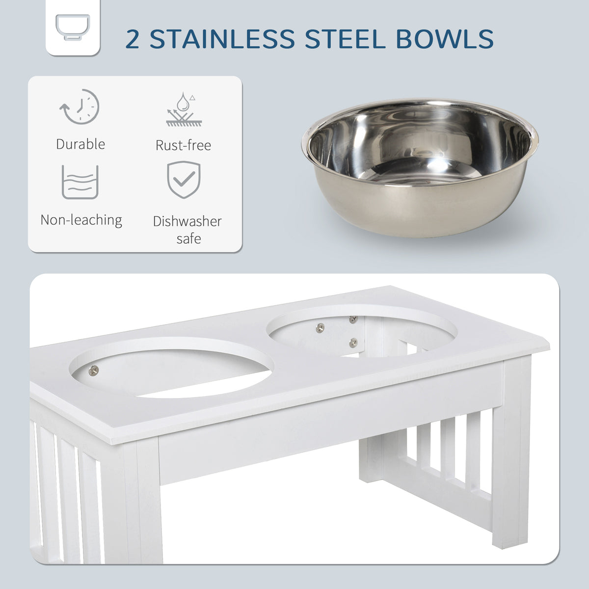 Removable stainless steel bowl and the white feeder top with two bowl cut-outs