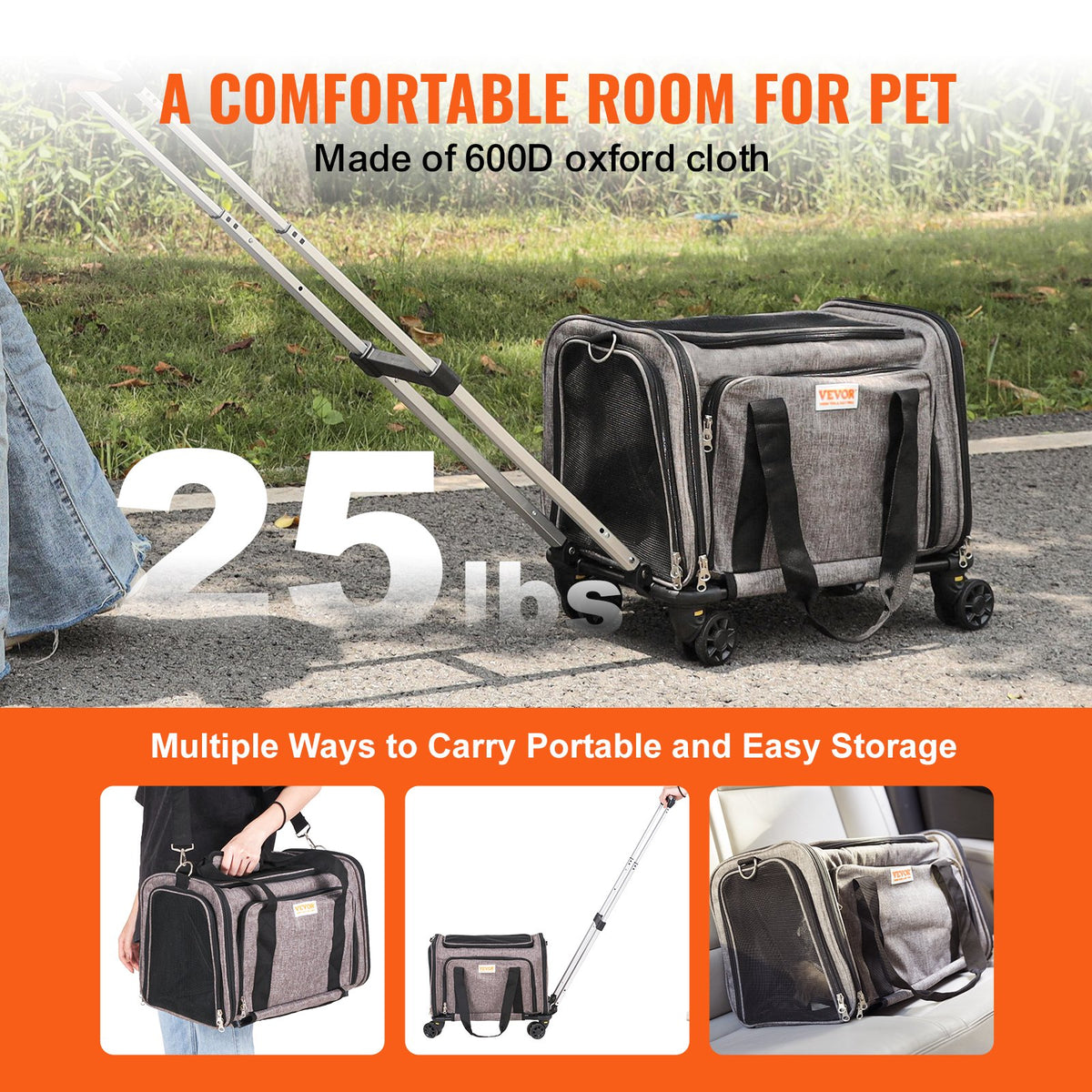 Grey pet carrier on wheels pulled along a path, with three ways to carry it