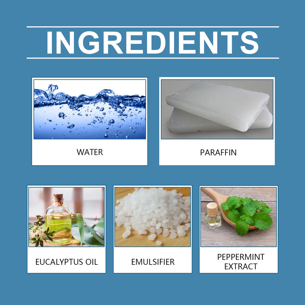 Ingredients: water, paraffin, eucalyptus oil, emulsifier and peppermint extract