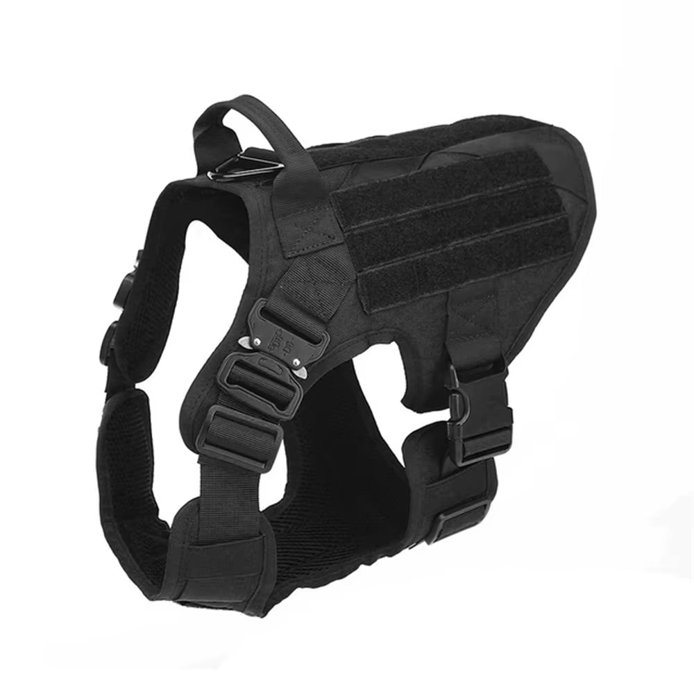 Black tactical dog harness with top handle and quick-release buckle