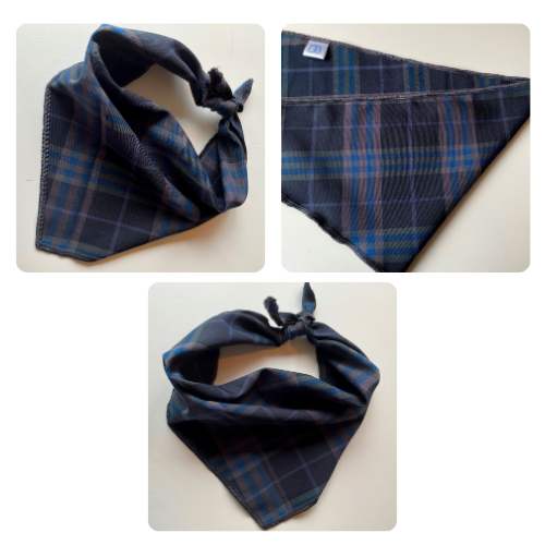 Judge's Choice Dog Bandana in blue check, tied and laid flat