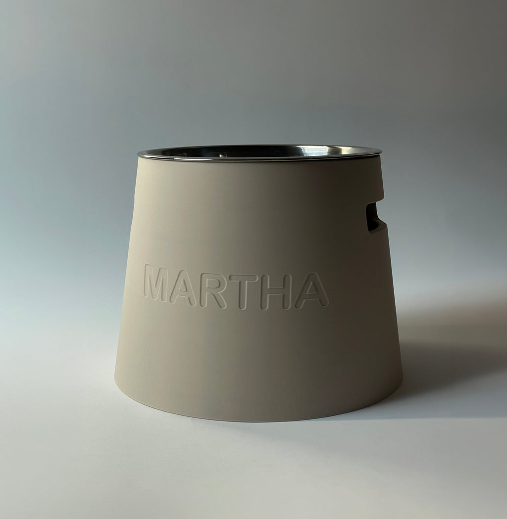 Bone-coloured classic raised dog bowl stand with embossed name and side handle