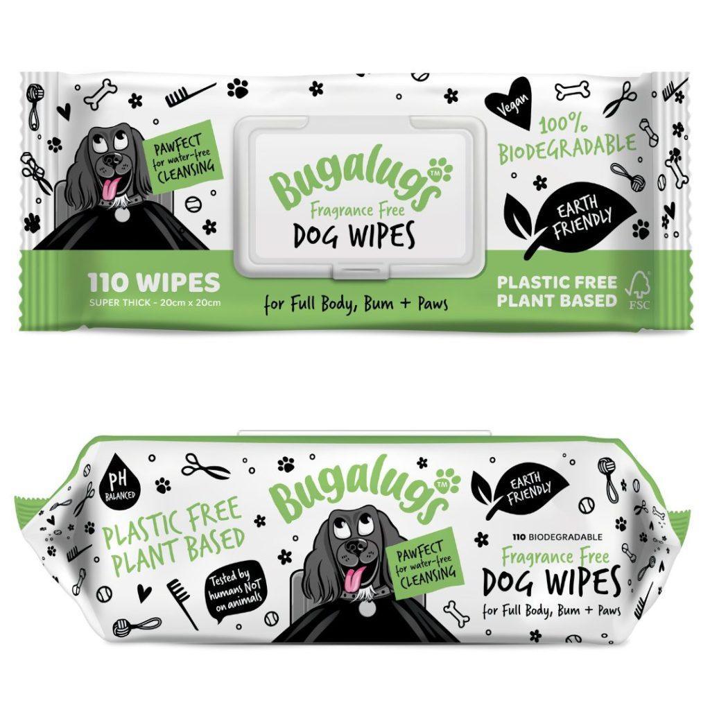 Bugalugs fragrance-free dog wipes pack of 110, front and side view