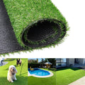 Rolled artificial grass with latex backing, plus garden and poolside lawn views