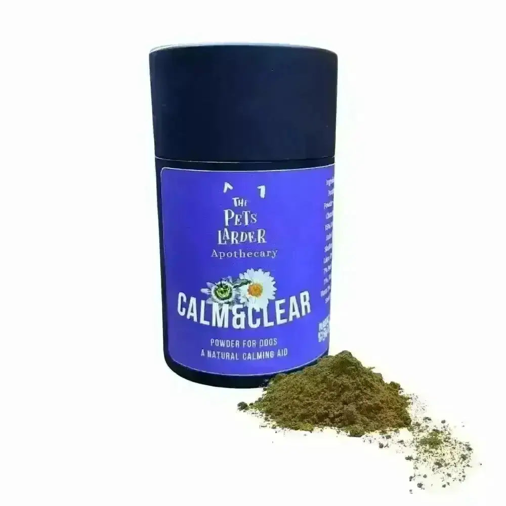 Calm & Clear tub with a pile of green herbal powder