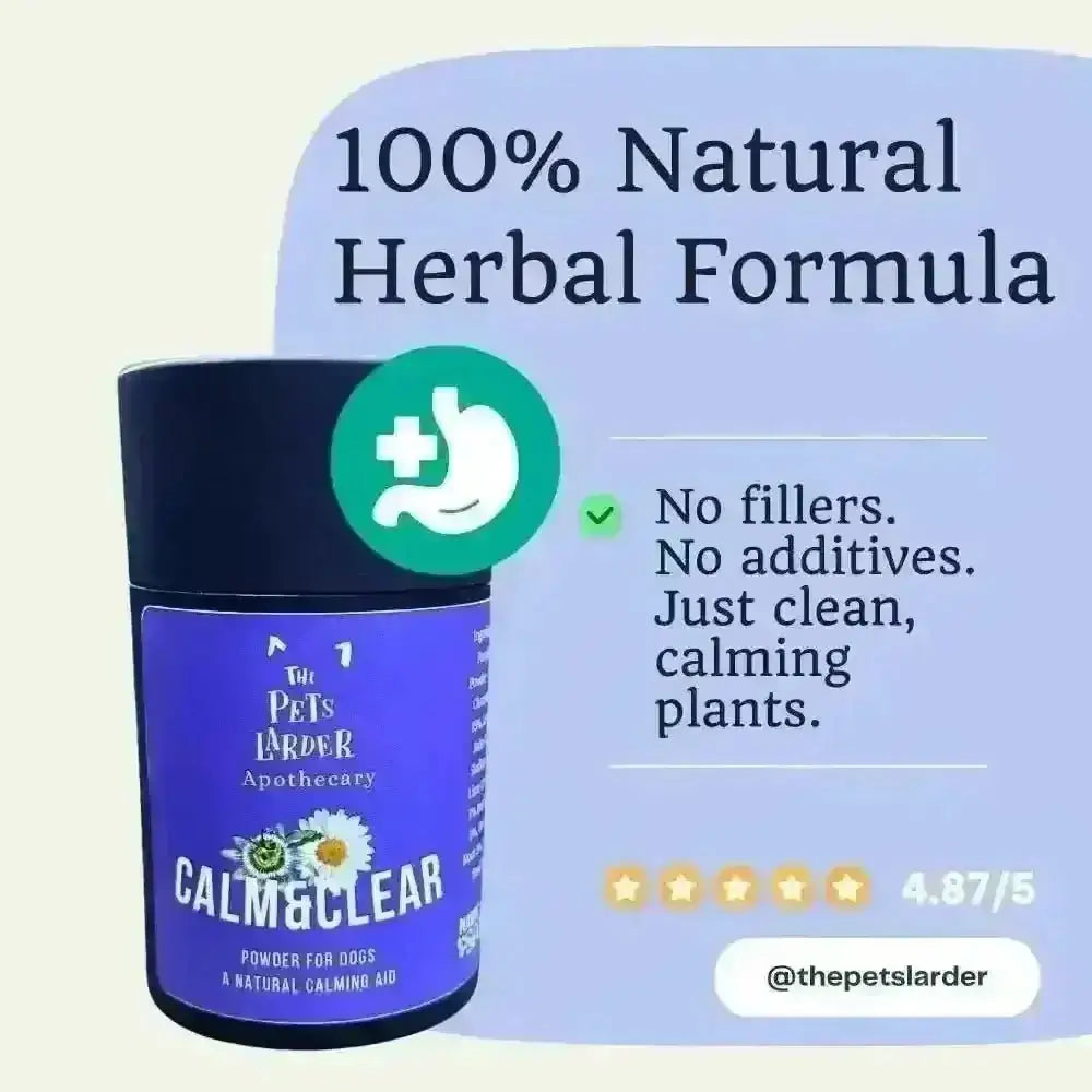Calm & Clear tub with natural herbal formula graphic