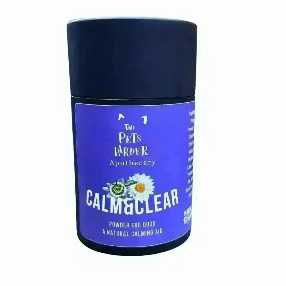 Purple tub of Calm & Clear herbal powder for dogs