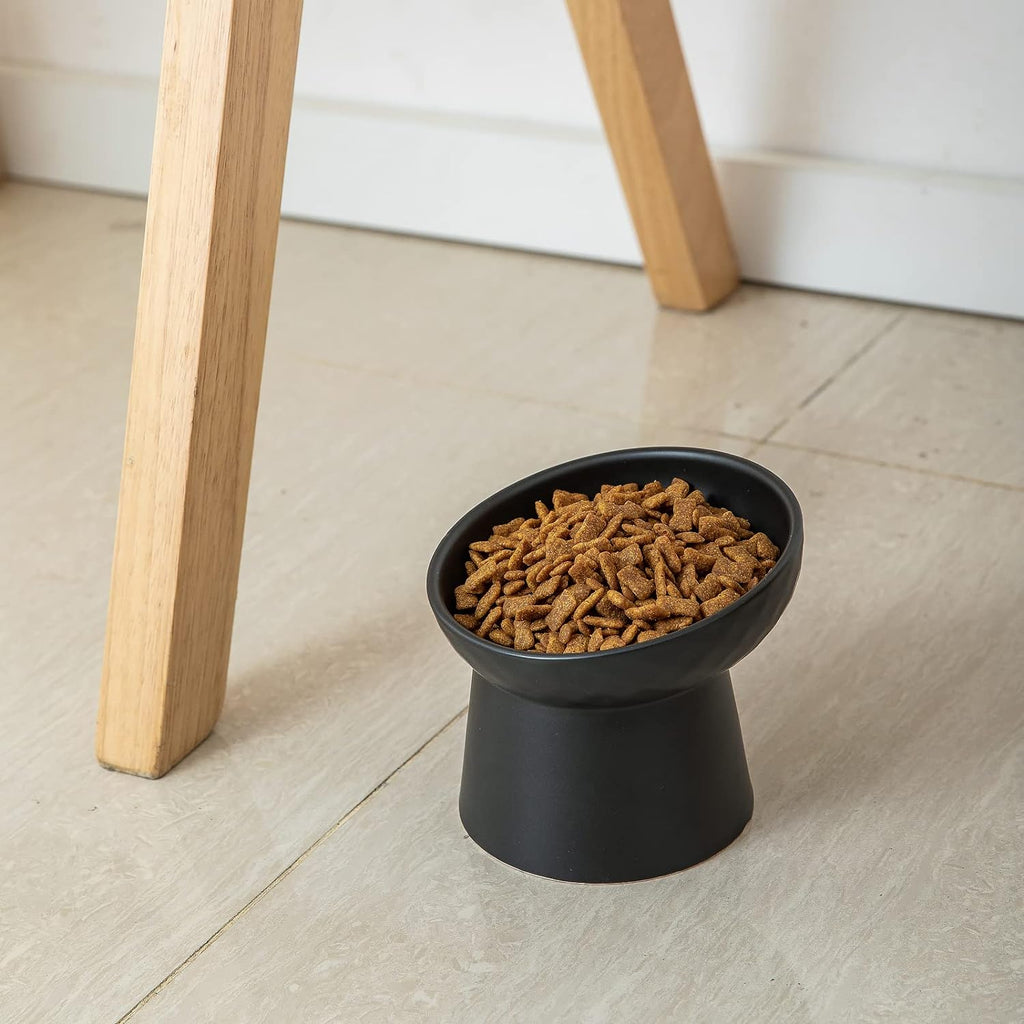 Black raised bowl with kibble on a wooden floor