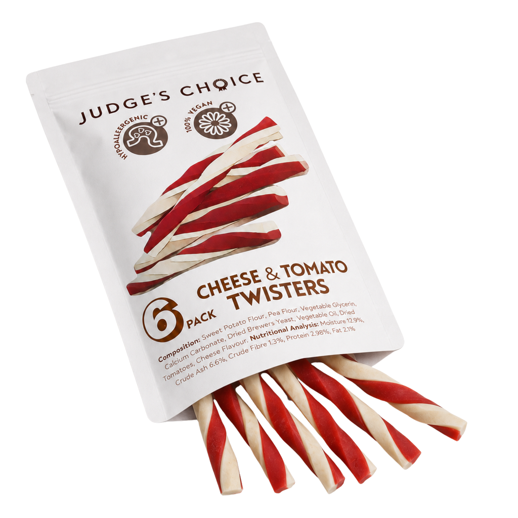 Open Judge's Choice Cheese & Tomato Twisters pouch with red and white twisted chews spilling out