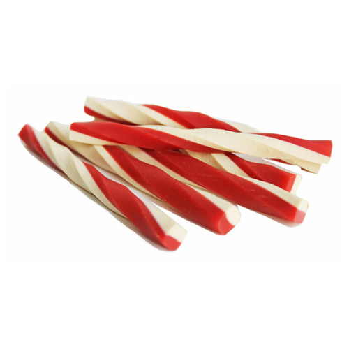 Close-up of red and cream Judge's Choice Cheese & Tomato Twisters dog chews