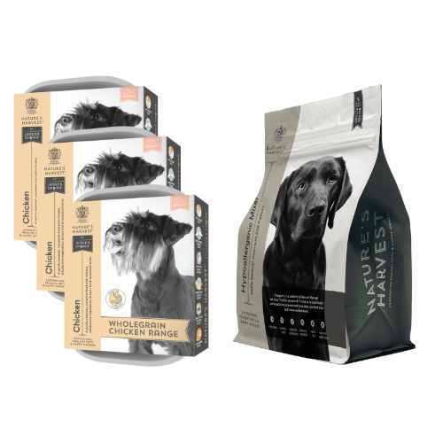 Three Chicken & Brown Rice wet dog food trays stacked beside a Nature's Harvest mixer bag