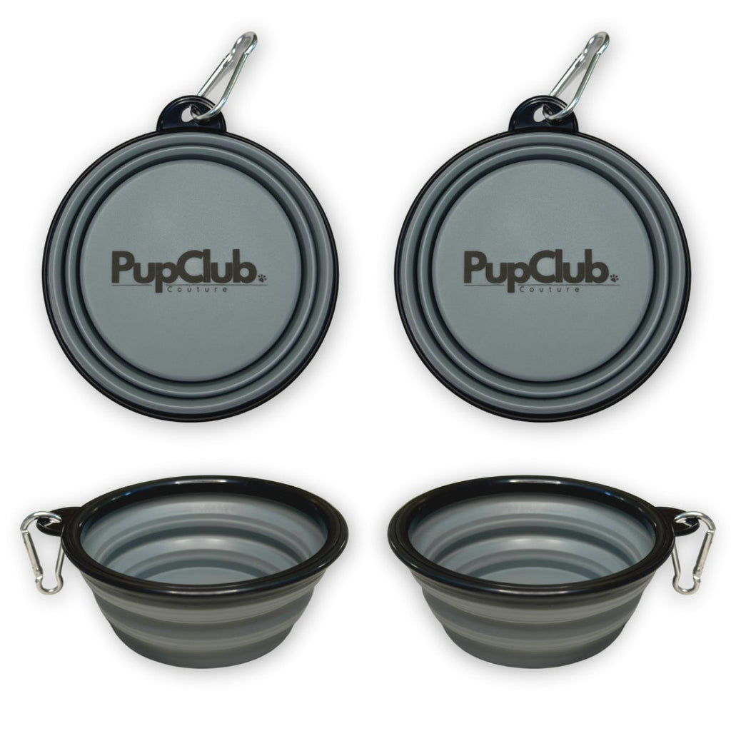 Grey Collapsible Dog Bowls folded and expanded with PupClub logo, white background