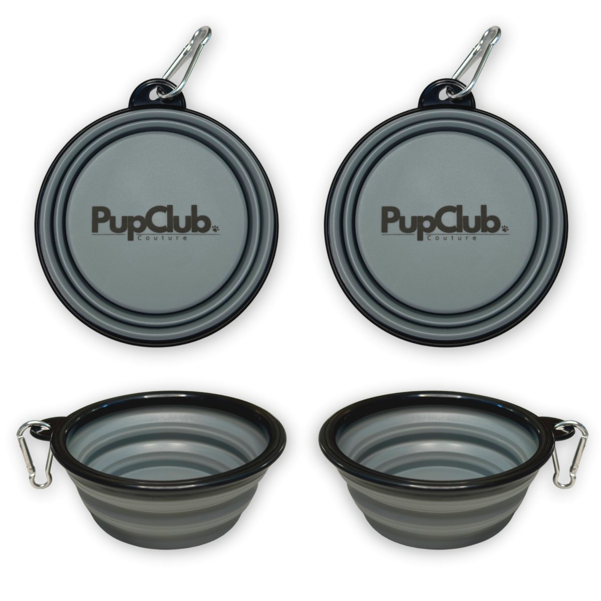 Grey Collapsible Dog Bowls folded and expanded with PupClub logo, white background