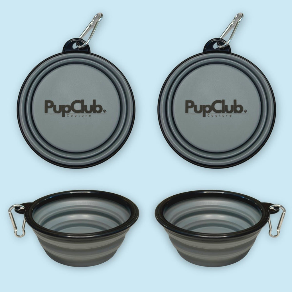 Grey Collapsible Dog Bowl shown folded flat and open with clips on a blue background