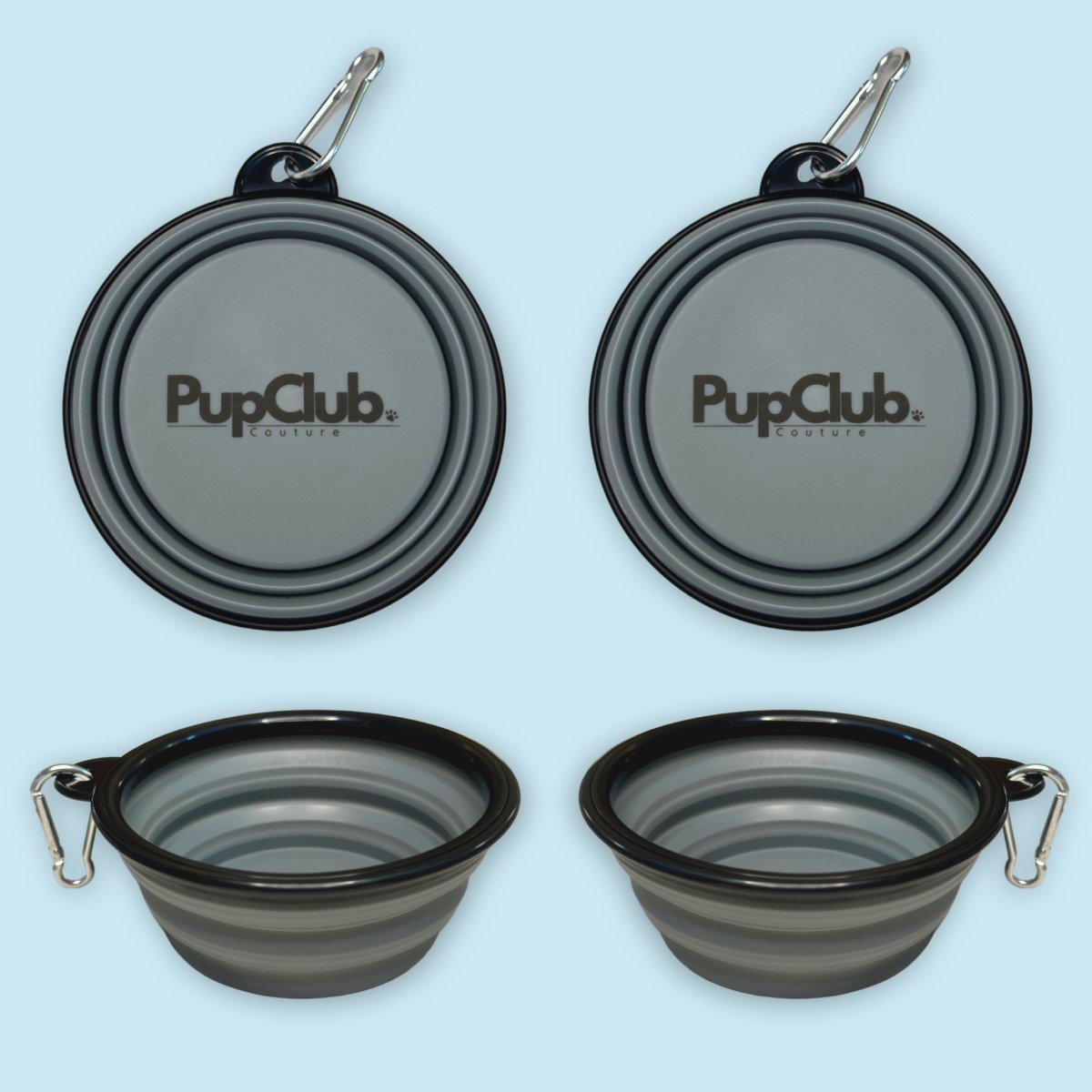 Grey Collapsible Dog Bowl shown folded flat and open with clips on a blue background