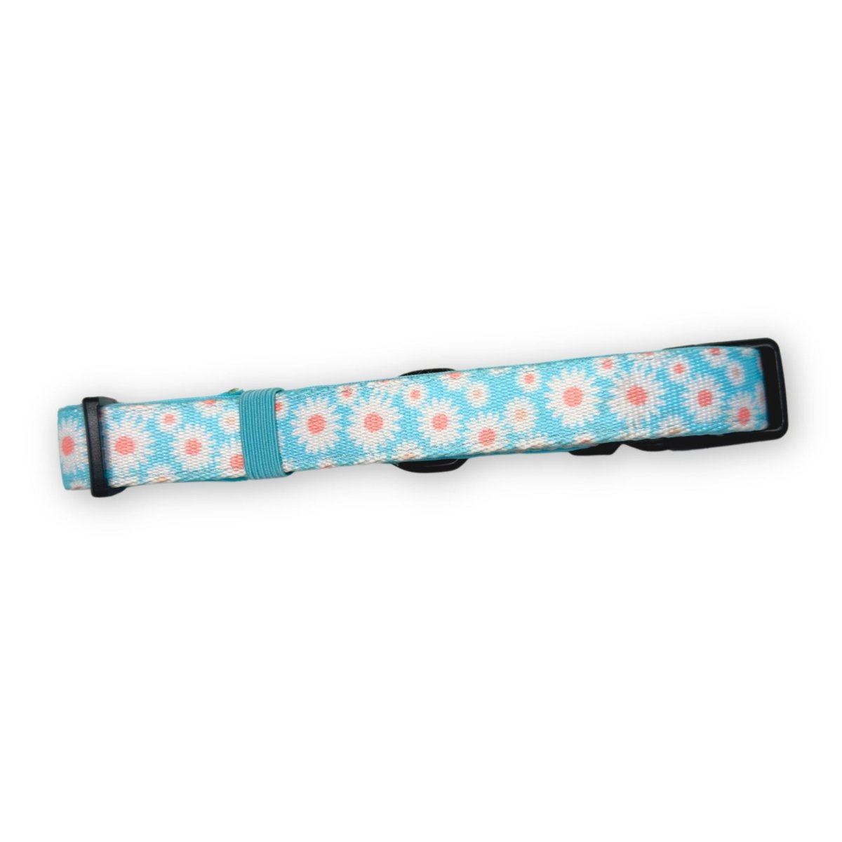 Back of the Pastel Daisy Dog Collar showing the aqua daisy print and adjuster