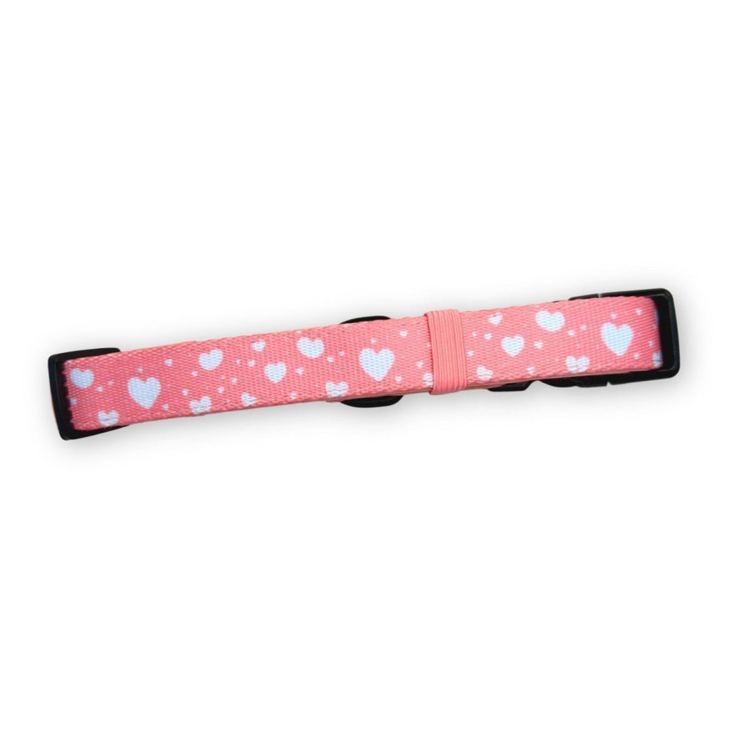 Back of the Peachy Hearts Dog Collar showing the pink heart print and slide adjuster