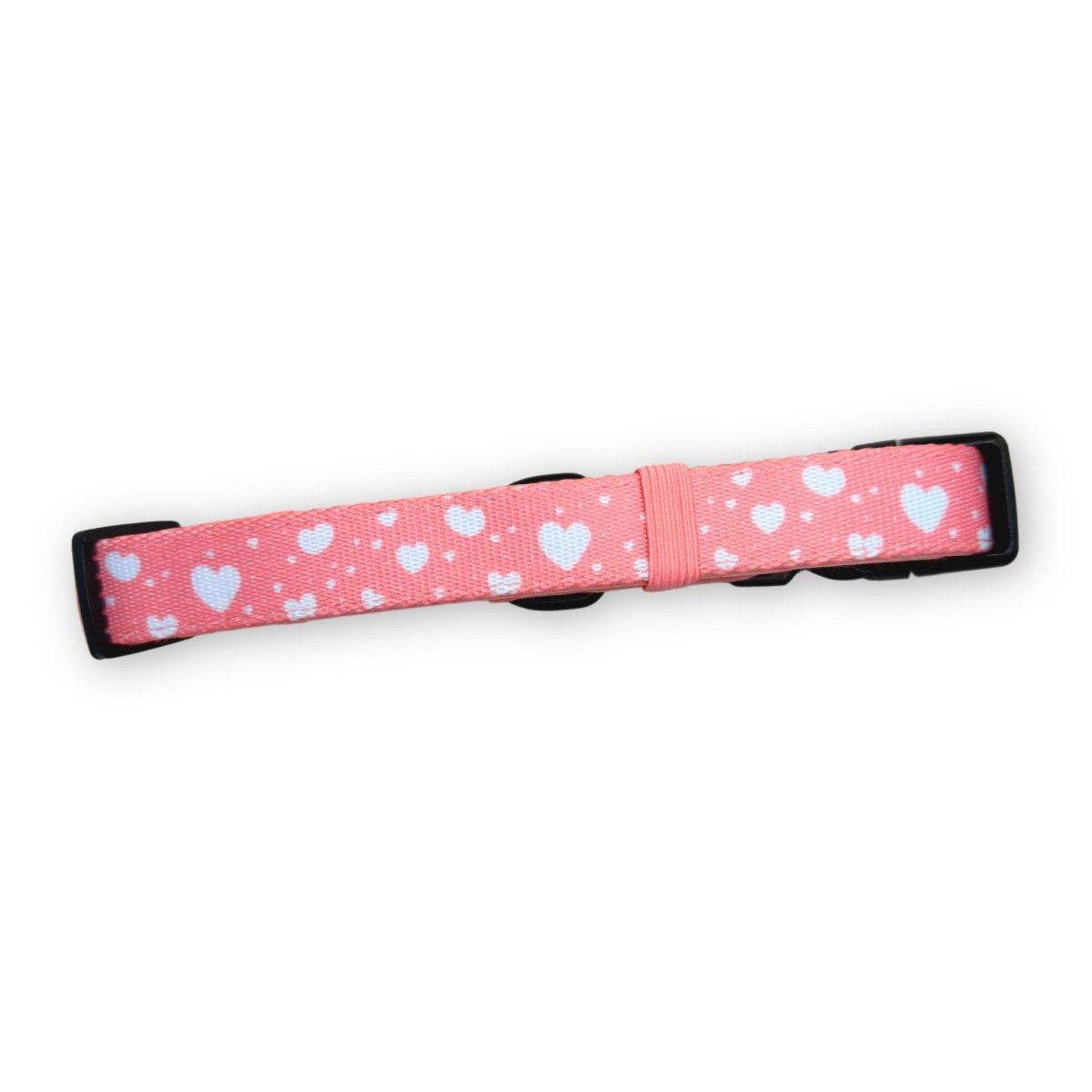 Back of the Peachy Hearts Dog Collar showing the pink heart print and slide adjuster