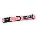 Peachy Hearts Dog Collar in pink with white hearts, black quick-release buckle and D-ring