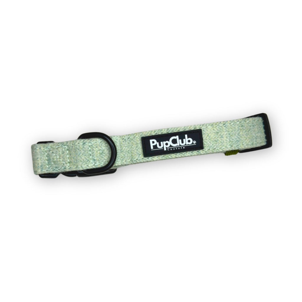 Sage Green Tweed Dog Collar laid flat with black buckle and PupClub label