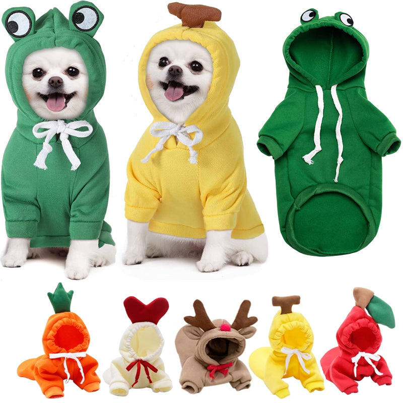 Small dog wearing a cute fruit-style fleece hoodie